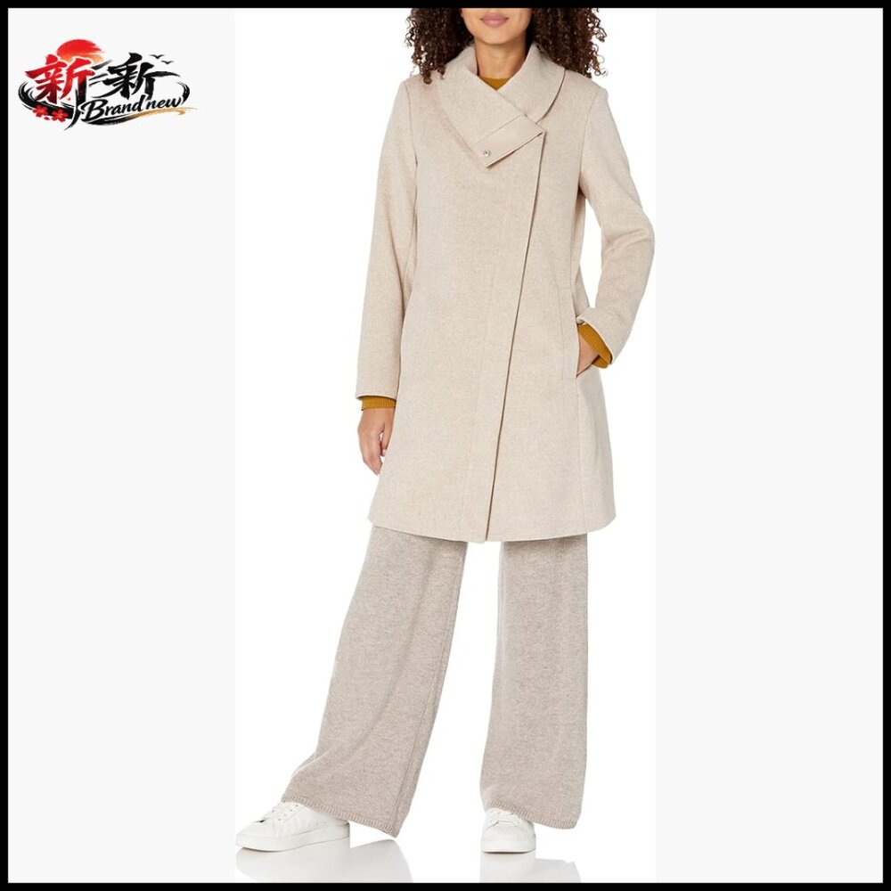 Faux Leather Trim Wool Blend Coat With Zipper Closure